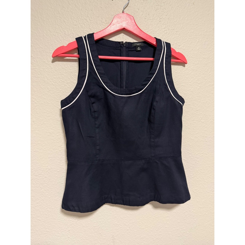 Ann Taylor Petite Navy Blue Peplum Top White Piping Sleeveless Blouse 6P